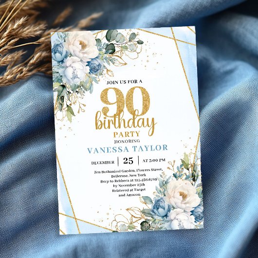 Blue Flower Gold Accent 90th Birthday Party Invite Kaart