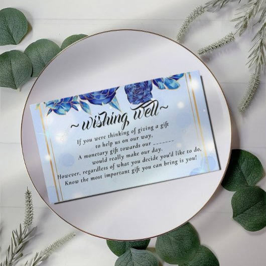 Blue Flower Gold Wishing Well for Wedding Informatiekaartje