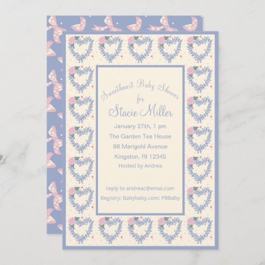 Blue Flower Hearts en Bows Baby shower Uitnodiging (Voorkant / Achterkant)