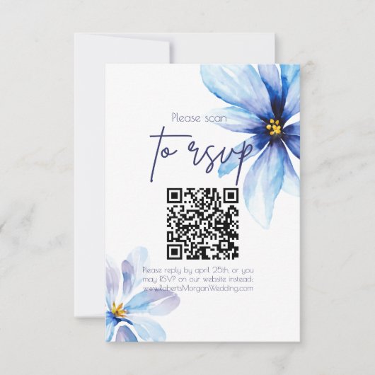Blue Flower Minimalistische QR CODE bruiloft RSVP Kaartje (Voorkant)