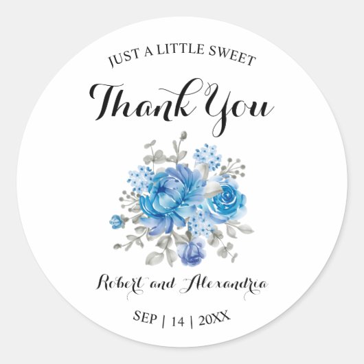 Blue Flower Sweet Treat Weddenschap Bedankt Ronde Sticker (Voorkant)