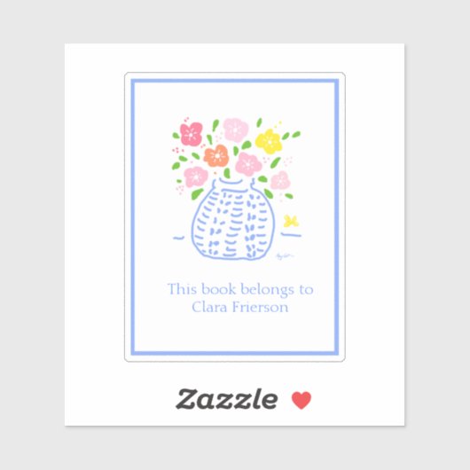 Blue Flower Vase Bookplate Sticker (Vel)
