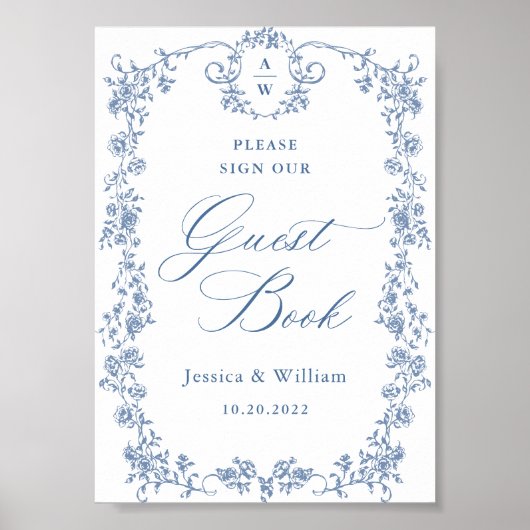 Blue Flower Victoriaans Grace Guestbook Sign Poster (Voorkant)