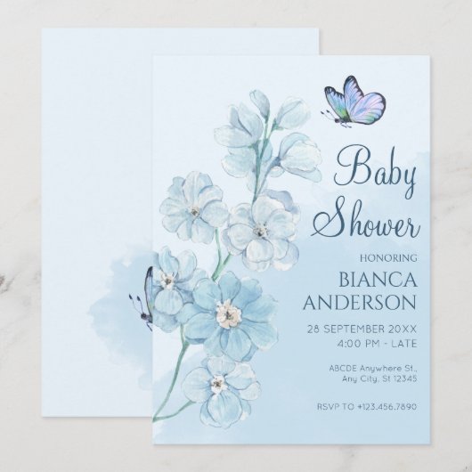 Blue Flower vlinder Waterverf Baby shower Kaart (Voorkant / Achterkant)