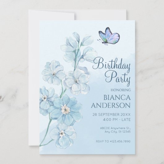 Blue Flower vlinder Waterverf Verjaardag Kaart (Voorkant)