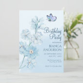 Blue Flower vlinder Waterverf Verjaardag Kaart (Staand voorkant)