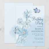 Blue Flower vlinder Waterverf Verjaardag Kaart (Voorkant / Achterkant)