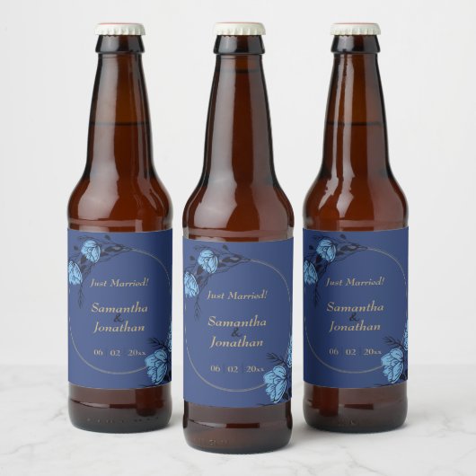 Blue Flower Wedding Bier Etiket (Flessen)