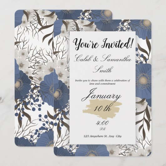 Blue Flower Wedding Invitation Kaart (Voorkant / Achterkant)