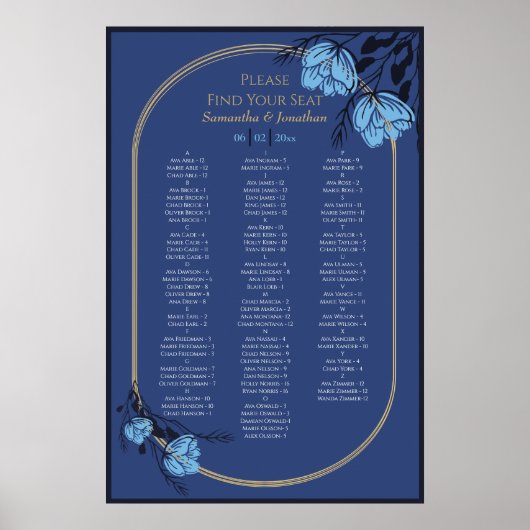 Blue Flower Wedding Seating Chart Poster (Voorkant)