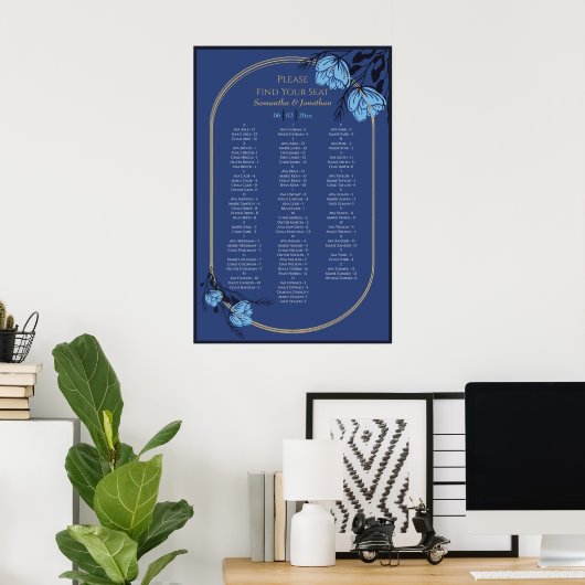 Blue Flower Wedding Seating Chart Poster (Thuiskantoor)