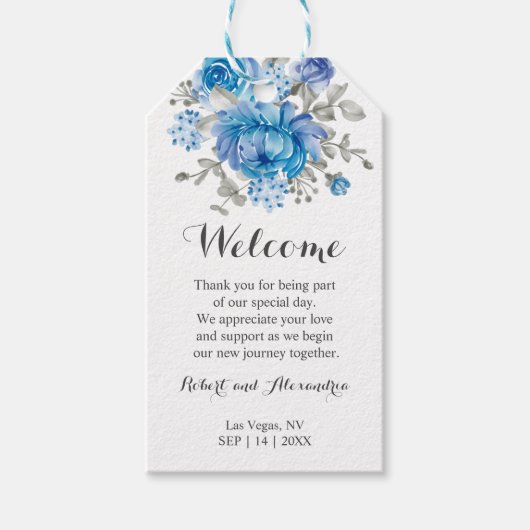 Blue Flower Wedding Welcome Party Favor Gift Label Cadeaulabel (Voorkant)