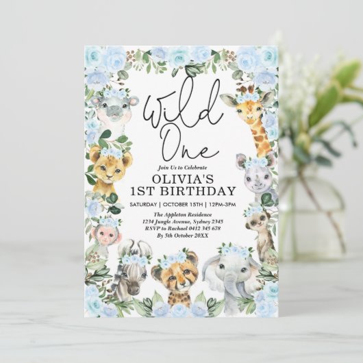 Blue Flower Wild One Oerwoud Safari 1ste verjaarda Kaart (Staand voorkant)