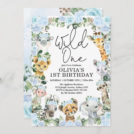 Blue Flower Wild One Oerwoud Safari 1ste verjaarda Kaart (Voorkant / Achterkant)