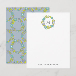 Blue Flower WreatMonogram Personal Stationery Kaart