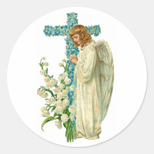 Blue Flowered Christelijk Cross Ronde Sticker