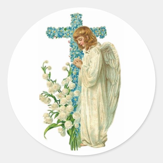 Blue Flowered Christelijk Cross Ronde Sticker (Voorkant)