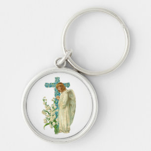 Blue Flowered Christelijk Cross Sleutelhanger