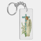 Blue Flowered Christelijk Cross Sleutelhanger (Voorkant Links)