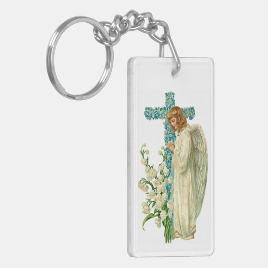 Blue Flowered Christelijk Cross Sleutelhanger (Voorkant Links)