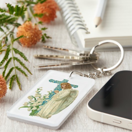 Blue Flowered Christelijk Cross Sleutelhanger (Voorkant Rechts)