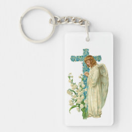Blue Flowered Christelijk Cross Sleutelhanger