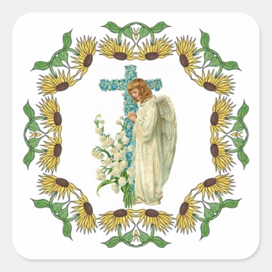 Blue Flowered Christelijk Cross Vierkante Sticker (Voorkant)