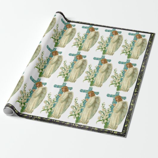 Blue Flowered Christelijk Cross Wrapping Paper Cadeaupapier (Uitgerold)