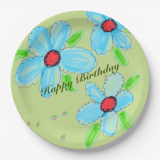 Blue Flowered Paper Borden van 9 inch Papieren Bordje (Voorkant)