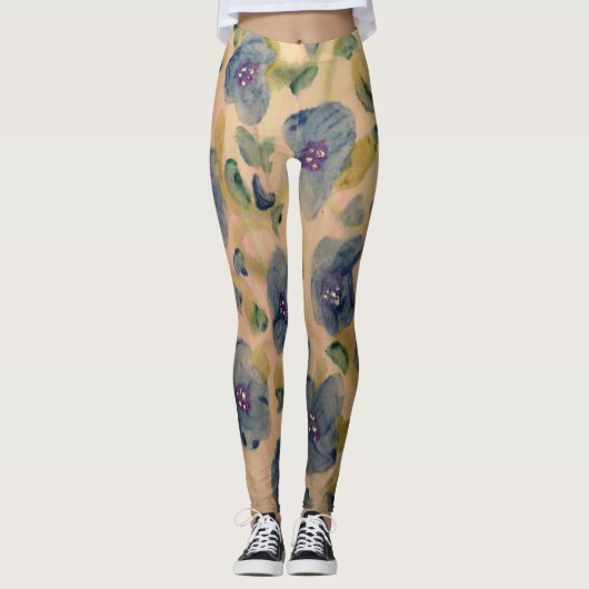 Blue Flowered Waterverf Art Leggings (Voorkant)