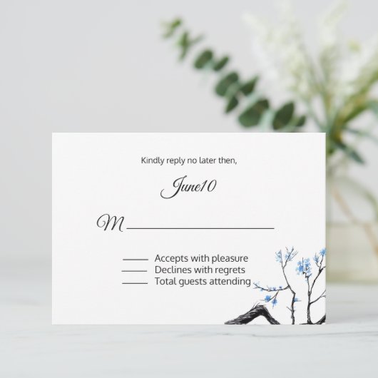 Blue Flowering Branch Wedding RSVP (Staand voorkant)
