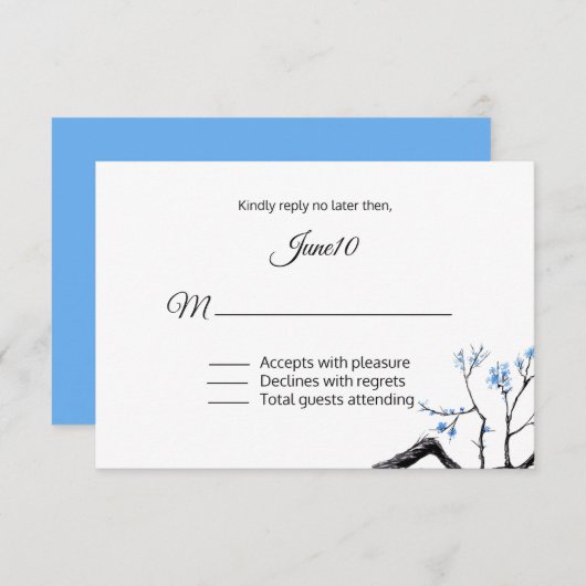 Blue Flowering Branch Wedding RSVP (Voorkant / Achterkant)