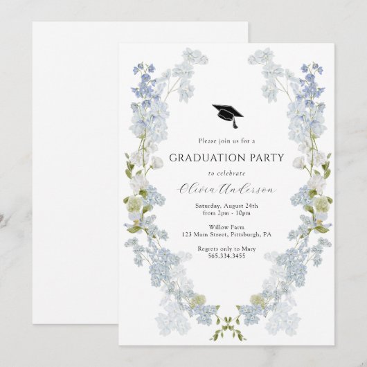 Blue Flowers Afstudeerfeest Kaart (Voorkant / Achterkant)