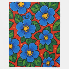 Blue Flowers and Green Leaves on a Red Background Fleece Deken