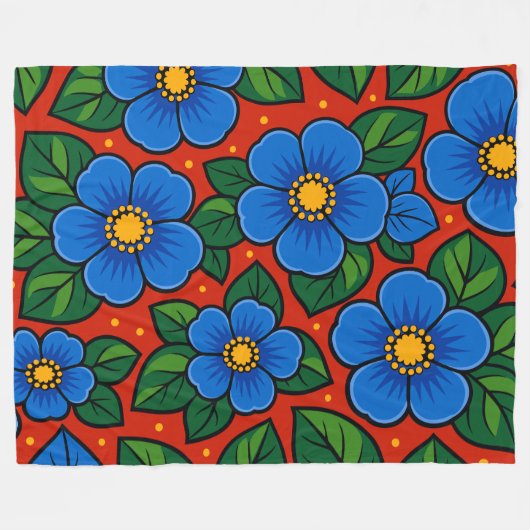 Blue Flowers and Green Leaves on a Red Background Fleece Deken (Voorkant (Horizontaal))