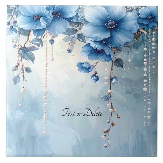 Blue Flowers and Pearls Ceramic Tile Tegeltje (Voorkant)