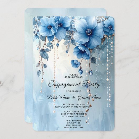 Blue Flowers and Pearls Engagement Invitation Kaart (Voorkant / Achterkant)