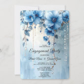 Blue Flowers and Pearls Engagement Invitation Kaart (Voorkant)