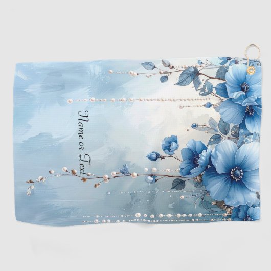 Blue Flowers and Pearls Golf Towel Golfhanddoek (Horizontaal)