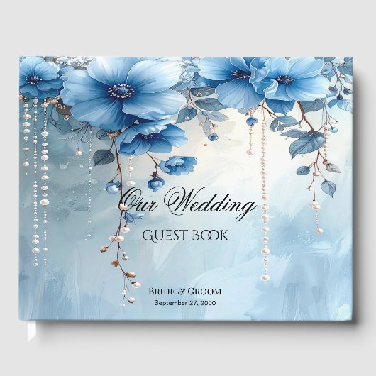 Blue Flowers and Pearls Guest Book Gastenboek (Voorkant)