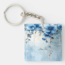Blue Flowers and Pearls Keychain
