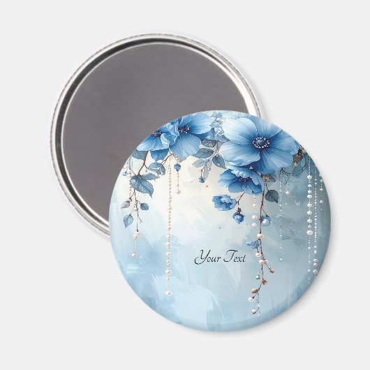 Blue Flowers and Pearls Magnet (Voorkant / Achterkant)
