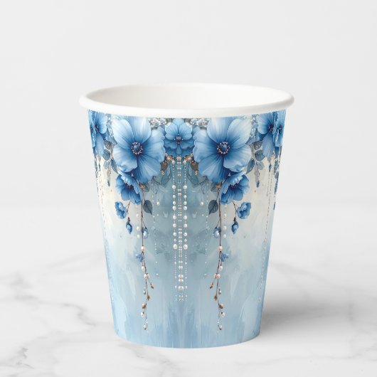 Blue Flowers and Pearls Paper Cups Papieren Bekers (Voorkant)
