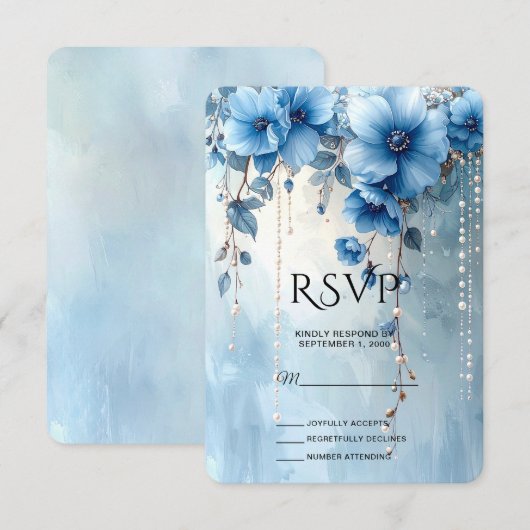 Blue Flowers and Pearls RSVP Card Kaartje (Voorkant / Achterkant)