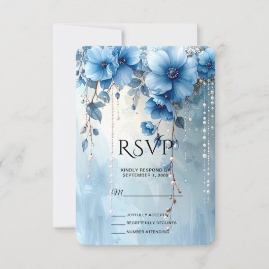 Blue Flowers and Pearls RSVP Card Kaartje (Voorkant)