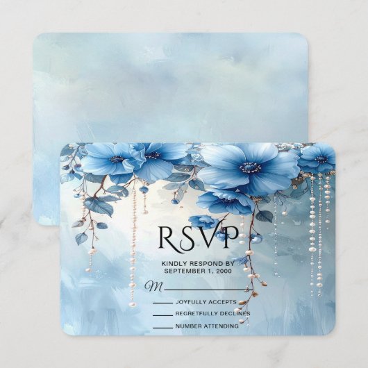 Blue Flowers and Pearls RSVP Card Kaartje (Voorkant / Achterkant)
