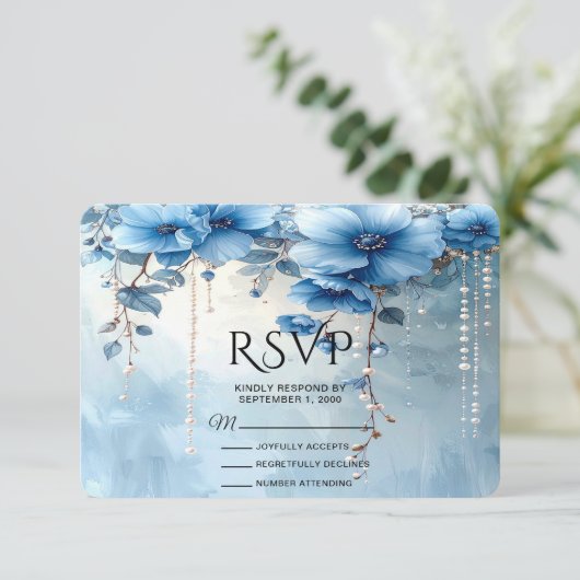 Blue Flowers and Pearls RSVP Card Kaartje (Staand voorkant)