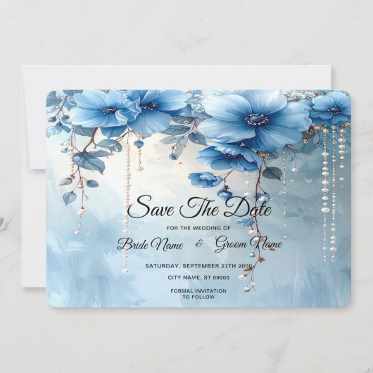 Blue Flowers and Pearls Save The Date (Voorkant)