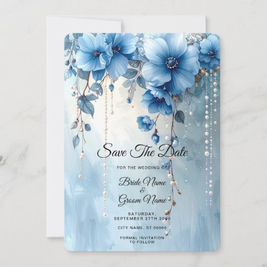 Blue Flowers and Pearls Save the Date (Voorkant)