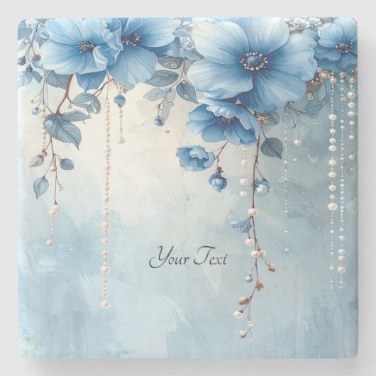 Blue Flowers and Pearls Stone Coaster Stenen Onderzetter (Voorkant)